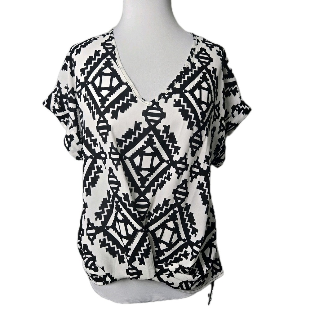 TYCHE Black White Aztec Print Chiffon Top Small S